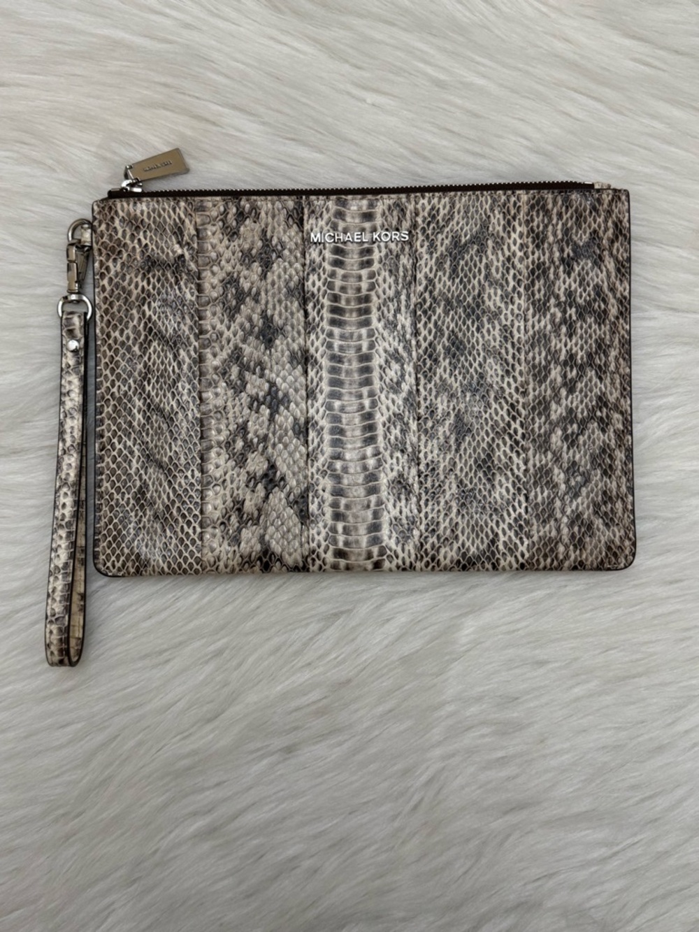 MICHAEL KORS - GENUINE GREY TAN SNAKE SKIN LEATHER SUEDE WRISTLET CLUTCH BAG - Picture 2 of 14